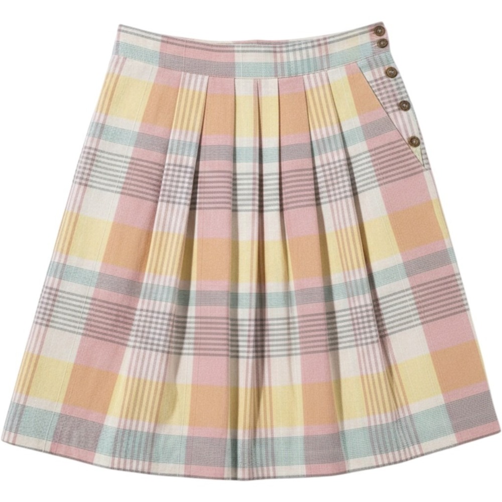 JCPenney Fashions Vtg Pastel Plaid Pleated‎ Midi Skirt Pink Yellow 8 Made USA
